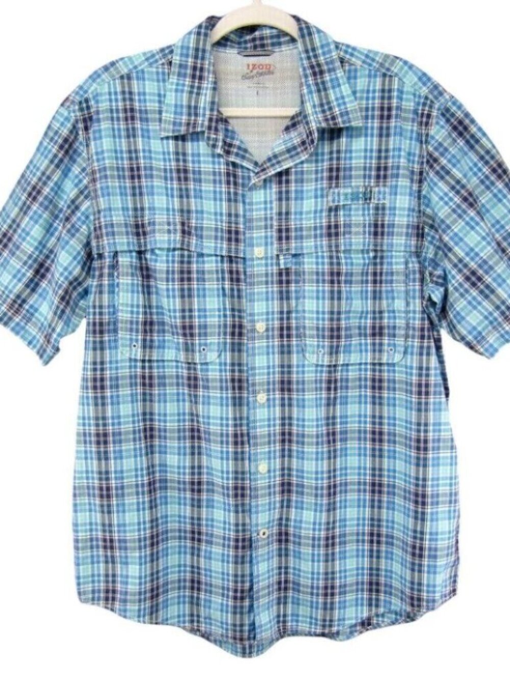 Izod Surfcaster White Blue Plaid Short Sleeve Fishing Shirt Mens Size L Vented